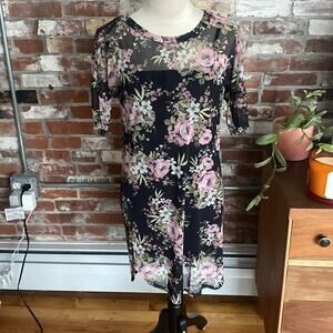 Charlotte Russe Black with Pink Floral Lace Double Layer Short Sleeve Dress XS